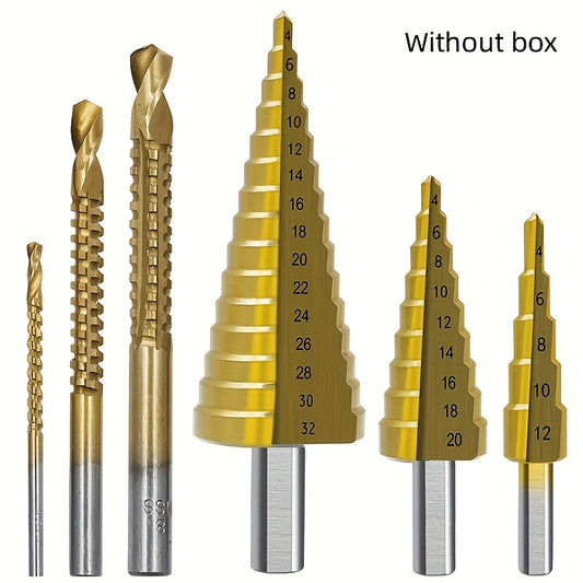 6-piece Titanium Step Drill Bit Set for woodworking and metal core drilling. Multi-sized hole cutter (1/4"-12/32") suitable for wood, concrete, and hard floors. No assembly required. Ideal