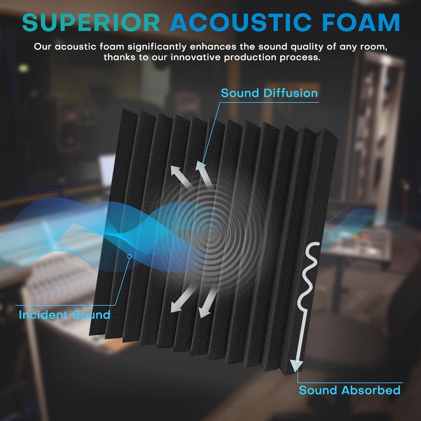 40 black high-density foam soundproof panels measuring 30.48cm x 30.48cm x 2.54cm, fireproof and noise-reducing for various spaces.