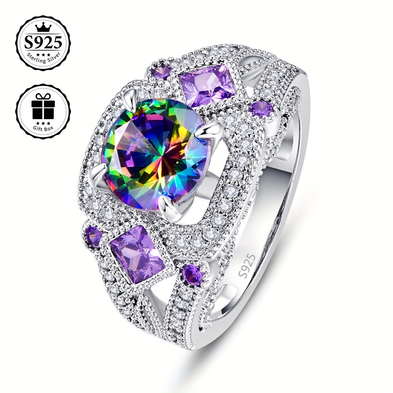 A stunning S925 Sterling Silver Ring with 24K Golden Plating, adorned with vibrant Multicolor Cubic Zirconia and Purple Gemstones - Perfect for Weddings, Parties, or as a Valentine's Day Gift. Includes a luxurious gift box, crafted with high-quality