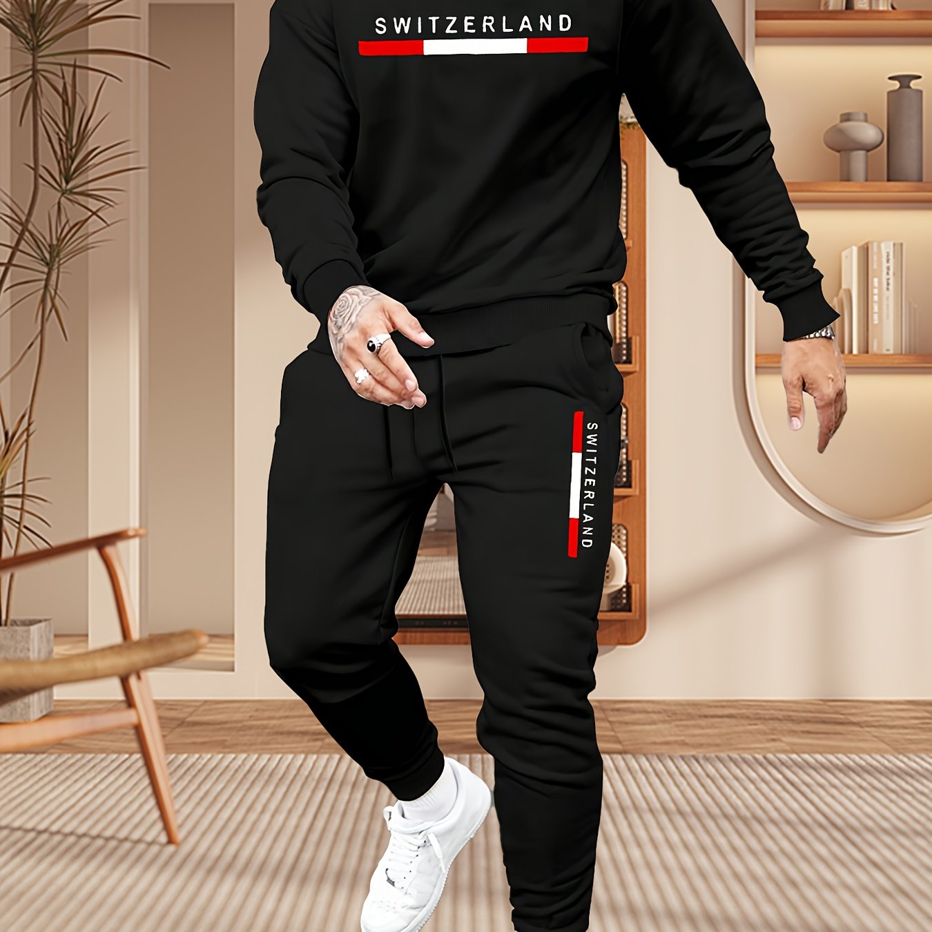 Print Men's Two-Piece Trendy Clothing Set with Printed Hoodie, Sweatshirt, and Jogging Pants