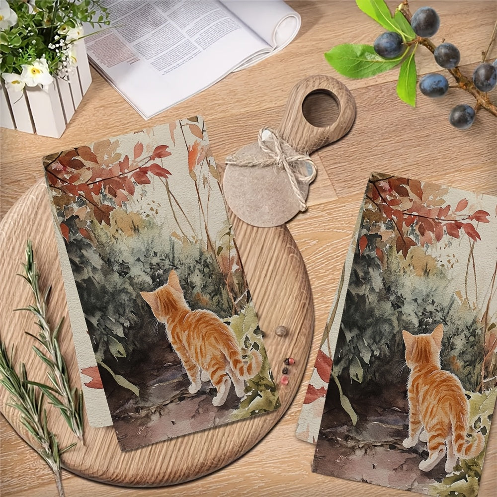 Set of 2 Ultra Soft Kitchen Towels featuring "Curious Kitten in Garden" Design. These towels are highly absorbent, machine washable, and have a contemporary style. Each towel measures 40.64x60.96 cm, perfect for use as dish hand towels.