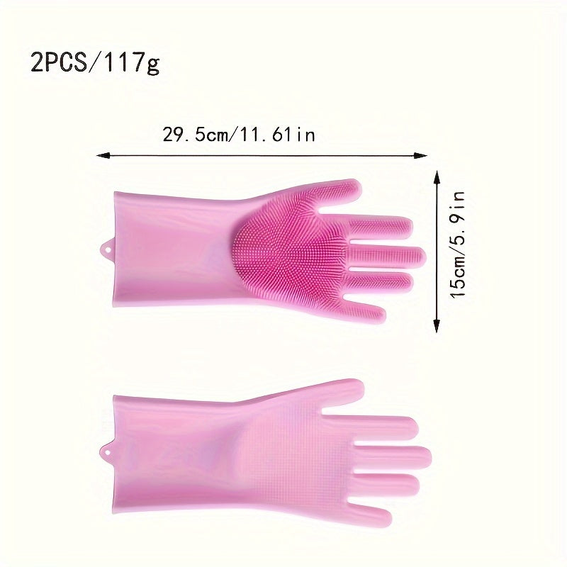 Best-Selling: Set of 2 pink and blue dishwashing gloves for household chores, kitchen use. Made of durable silicone rubber Faux Leather, these gloves are waterproof and perfect for washing clothes, vegetables, and dishes. They are a must-have cleaning