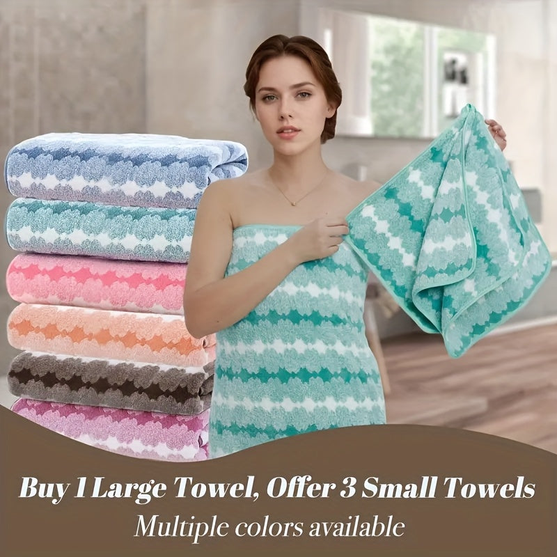 One set of extra large and small bath towels for women made of super soft, absorbent coral velvet with a modern design and strong absorbency.