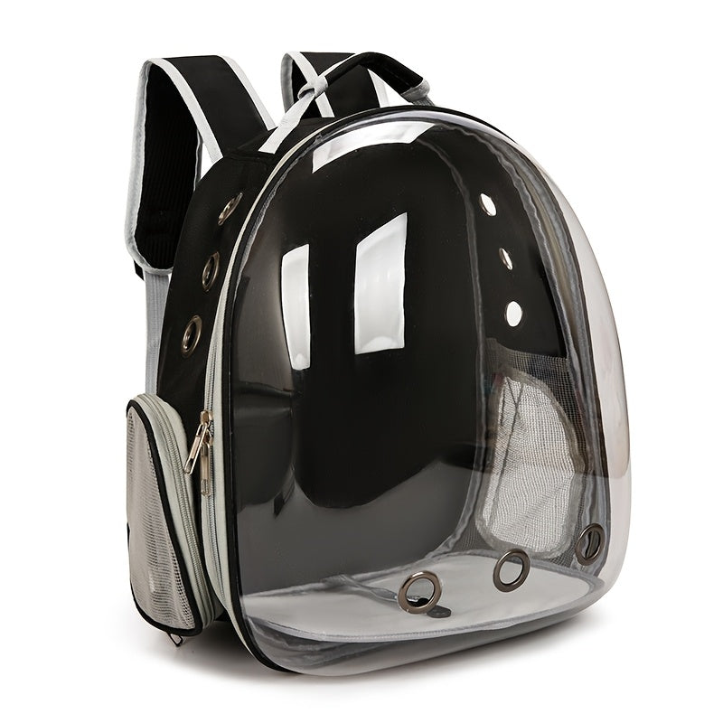 See-through PVC cat carrier backpack with breathable space capsule design and zipper closure for comfort and portability.