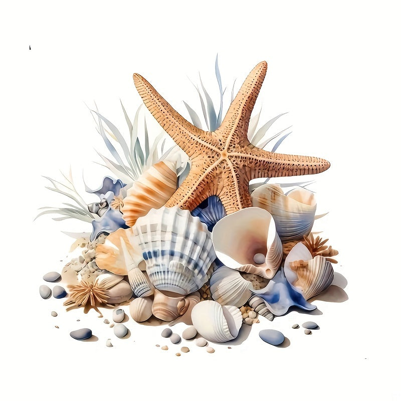 Ocean-themed bathroom decal set with starfish and shells, glossy finish PVC decals for ceramic surfaces, perfect for home decor or holiday decorations.