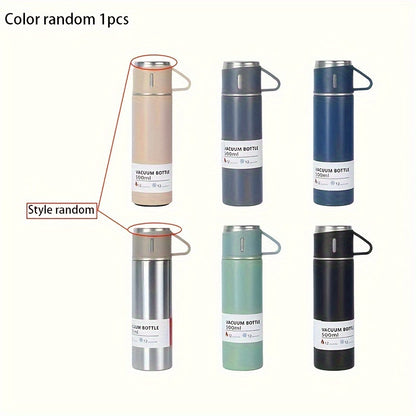 Stainless steel insulated mug set with 500ml capacity, leakproof lid, and portable design for hot and cold drinks - ideal for business and school use.