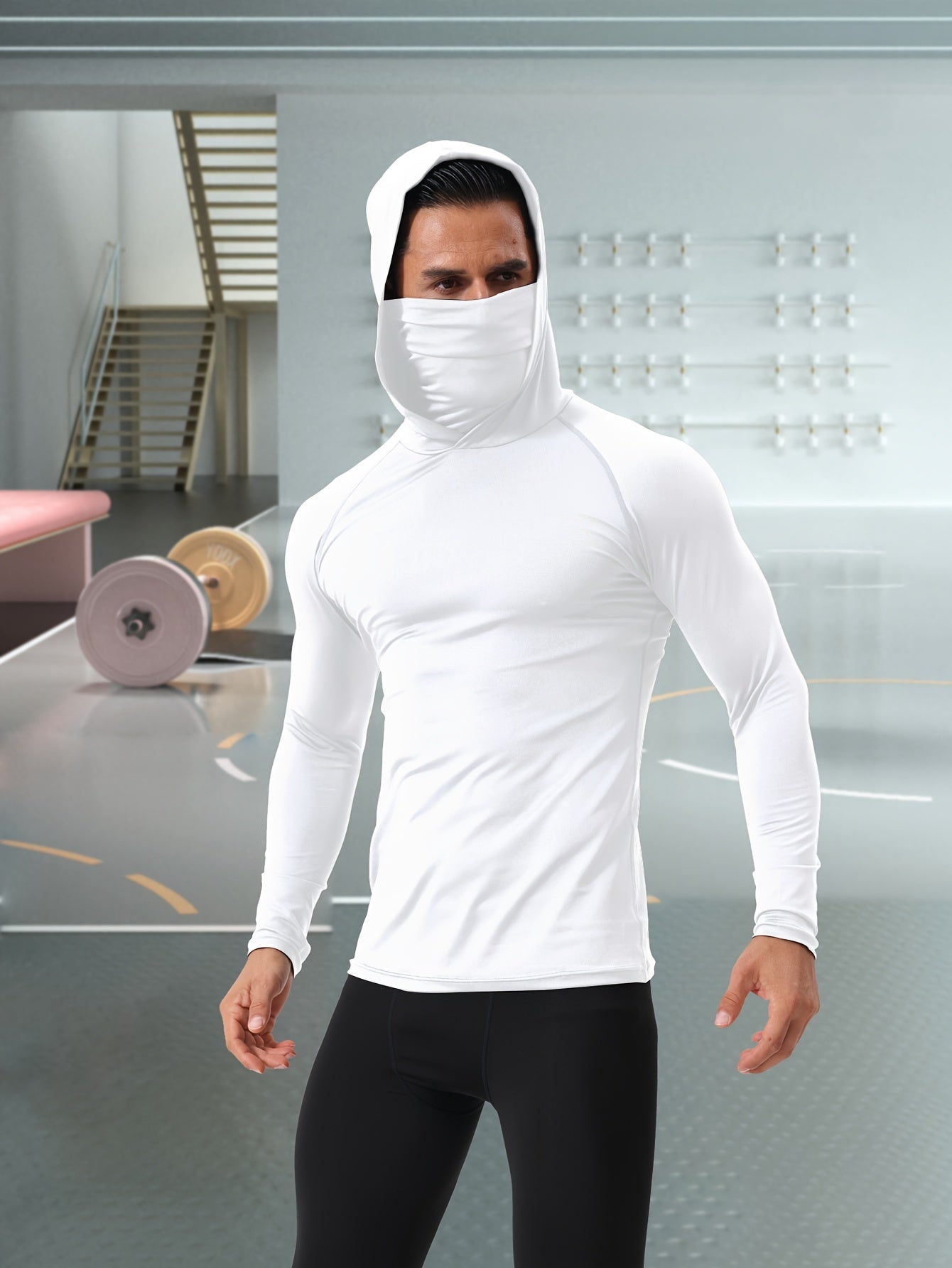 Men's hoodie with mask, quick-drying and breathable long-sleeve t-shirt, spring and autumn compression sports top enhances workout performance, a gift.