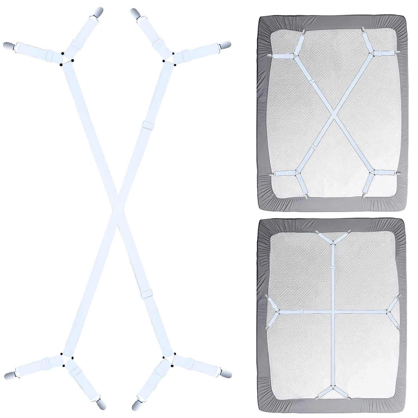 Set of 2 Bed Sheet Holder Straps with Adjustable Crisscross Design, Securely Fasten Fitted Sheets with Grippers Suspenders, Triangle Elastic Bands to Keep Mattress Covers in Place, Ideal for All Types of Bed Sheets and Mattress Covers