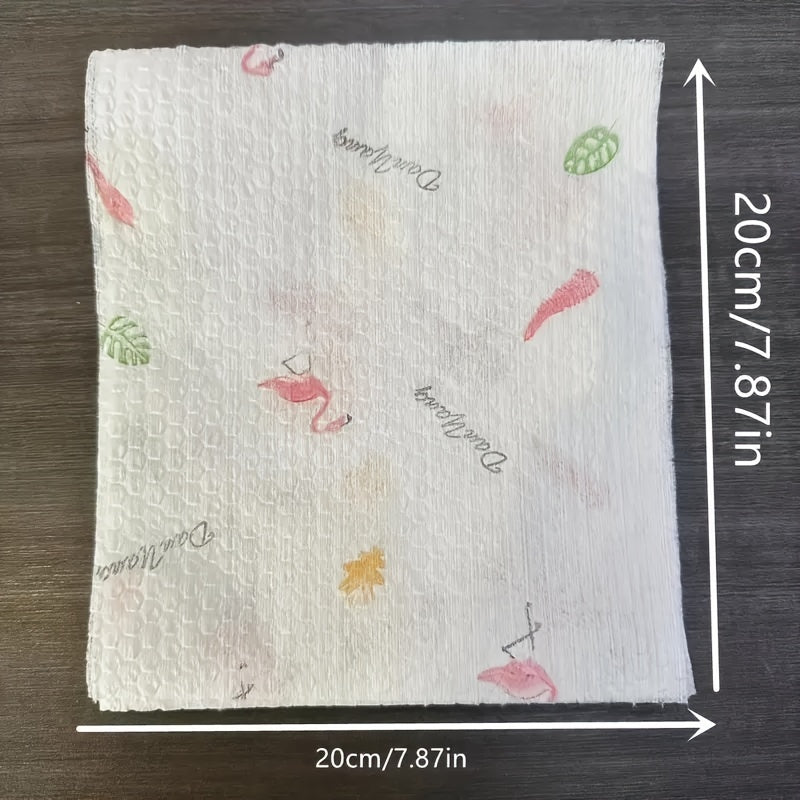 A pack of 100 Multi-Fold Reusable Kitchen Towels featuring a Dual-Use design that is Washable and Disposable. These towels are made of Non-Stick Oil Absorbent PET Material with a Colorful Hearts Design, ideal for Home Cleaning and both Wet and Dry Uses.