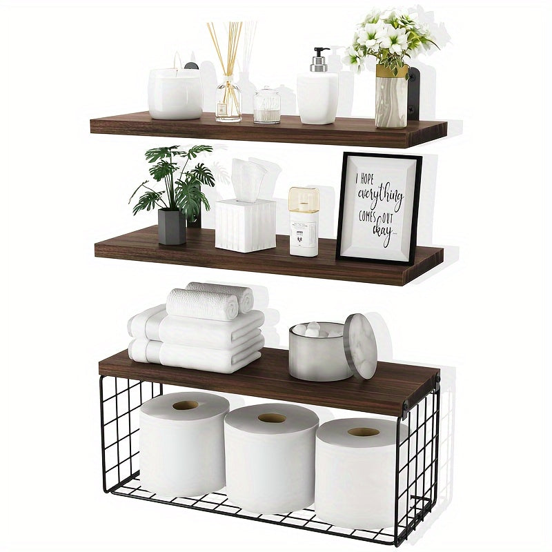 Wooden floating storage rack with paper towel and toilet paper baskets for bathroom organization and country home decor.