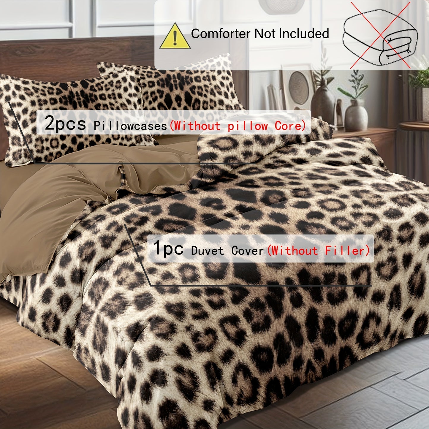 Polyester 3D Digital Printing Quilt Cover Set including 1 quilt cover and 2 pillowcases. Features high-end leopard print pattern, soft and breathable. Ideal for personal use or as a gift