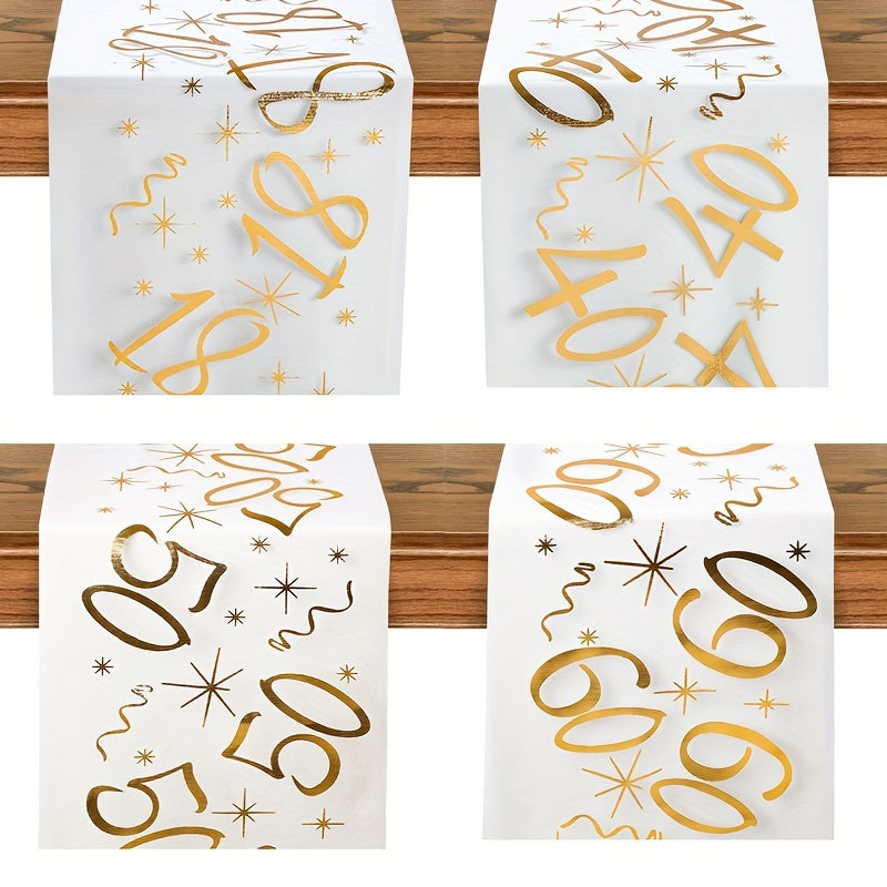 Polyester table runner with golden stamping for milestone celebrations. Perfect for anniversaries, retirement parties, and milestone birthdays. Comes in a rectangular shape.