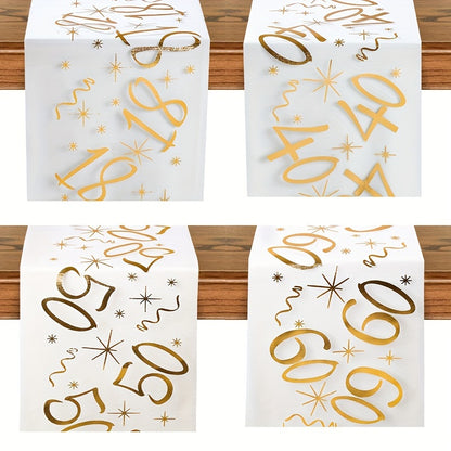 Polyester table runner with golden stamping for milestone celebrations. Perfect for anniversaries, retirement parties, and milestone birthdays. Comes in a rectangular shape.