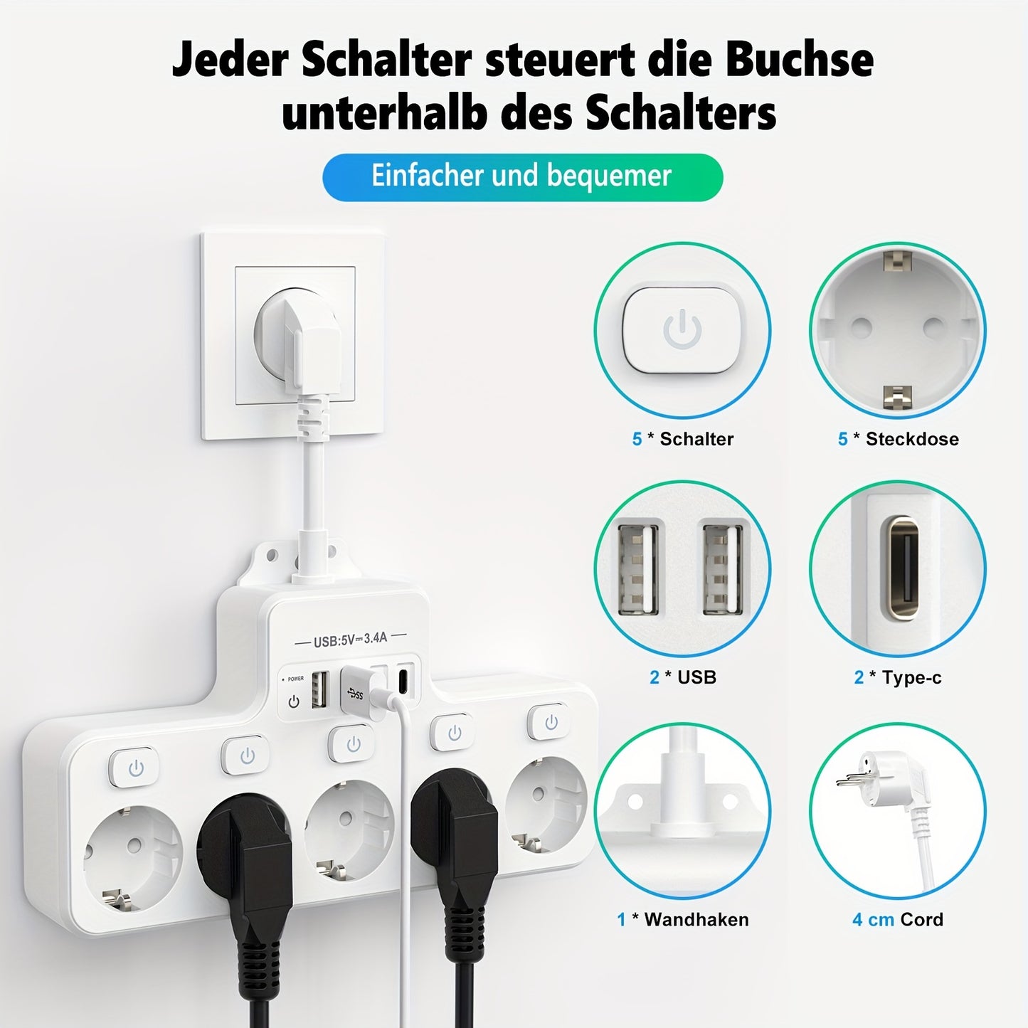 USB power board with multiple sockets and 5 compartments, includes USB and Type-C cables, switch socket adapter, for office, home, travel.