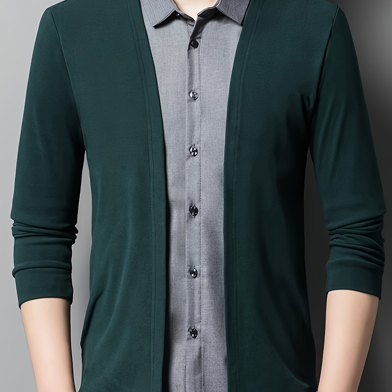 Men's two-piece color-blocked casual shirt with long sleeves and a collared neckline.