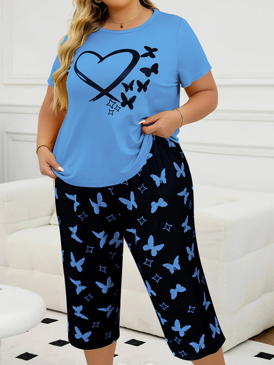 Women's casual butterfly print short sleeve t-shirt and capri pants pajama set made from polyester knit fabric with slight stretch for all-season comfort. 95% polyester, 5% elastane.