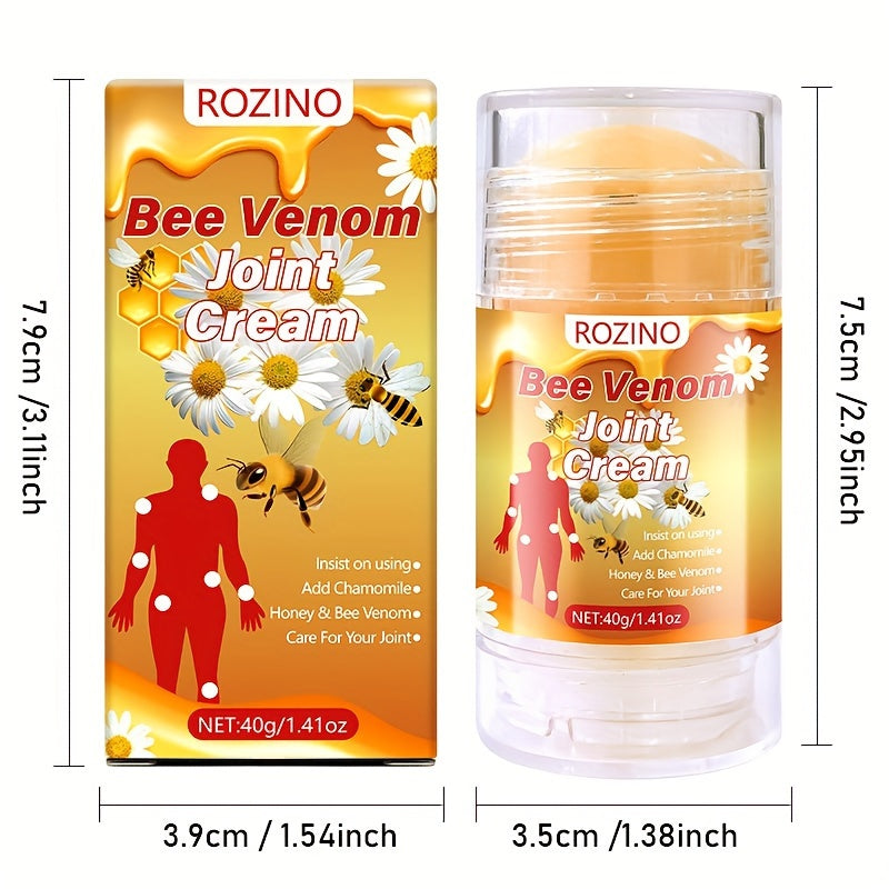 40g ROZINO Bee Venom Joint Cream with hypoallergenic formula containing honey, chamomile, aloe vera, turmeric, and Vitamin C. Suitable for unisex adults for joint care, fast absorption