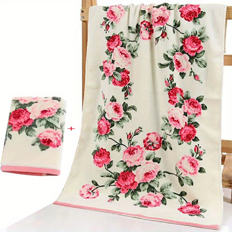 Flower pattern cotton towel, quick-dry hand and bath towel for home bathroom.