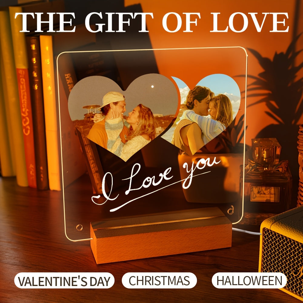 One piece of Personalized Acrylic Photo Frame with LED Light, featuring a Customizable Transparent Love Heart Design. Perfect for celebrating Christmas, Valentine's Day, Mother's Day, Father's Day, and Pet Memorials. This frame is designed for displaying