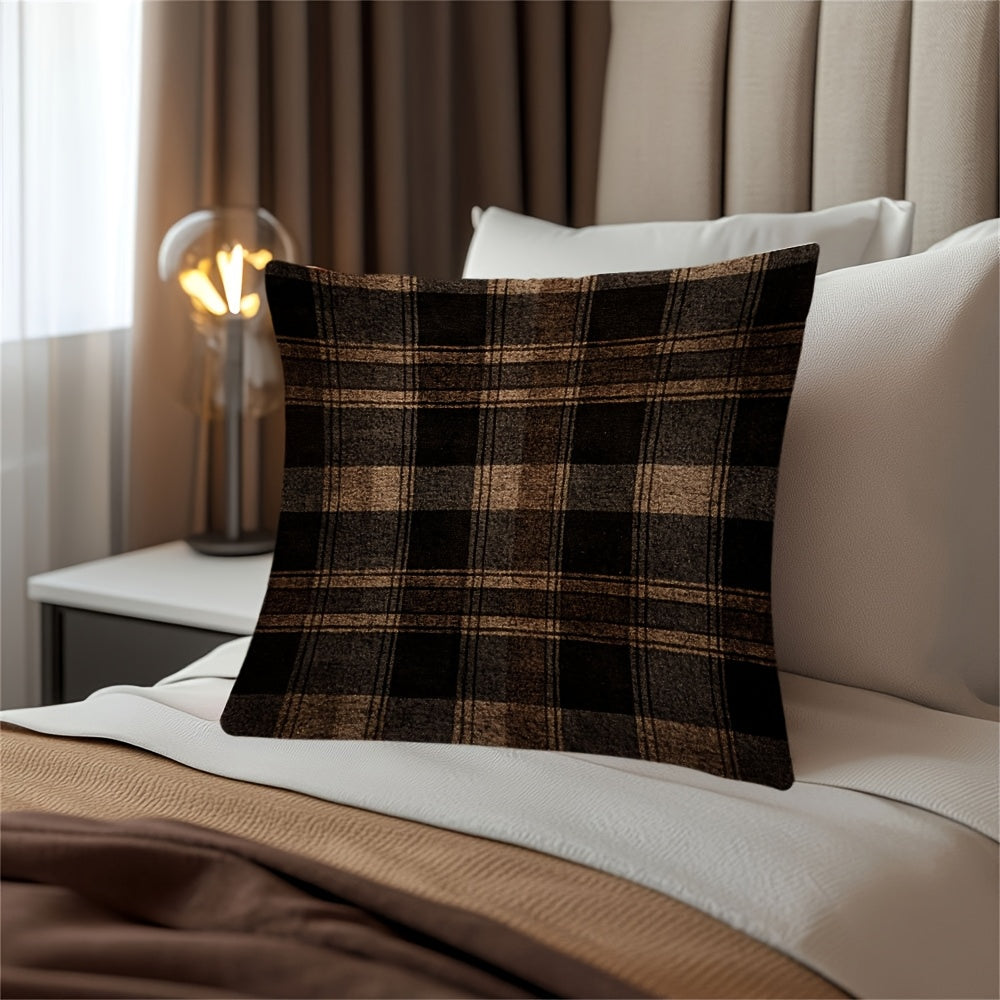 Stylish Dark Brown Plaid Pillow Cover featuring Two Designs - Convenient Hidden Zipper, Easy-to-Clean Polyester Fabric - Ideal for Adding Charm to Your Sofa, Office Chair, or Farmhouse Theme.