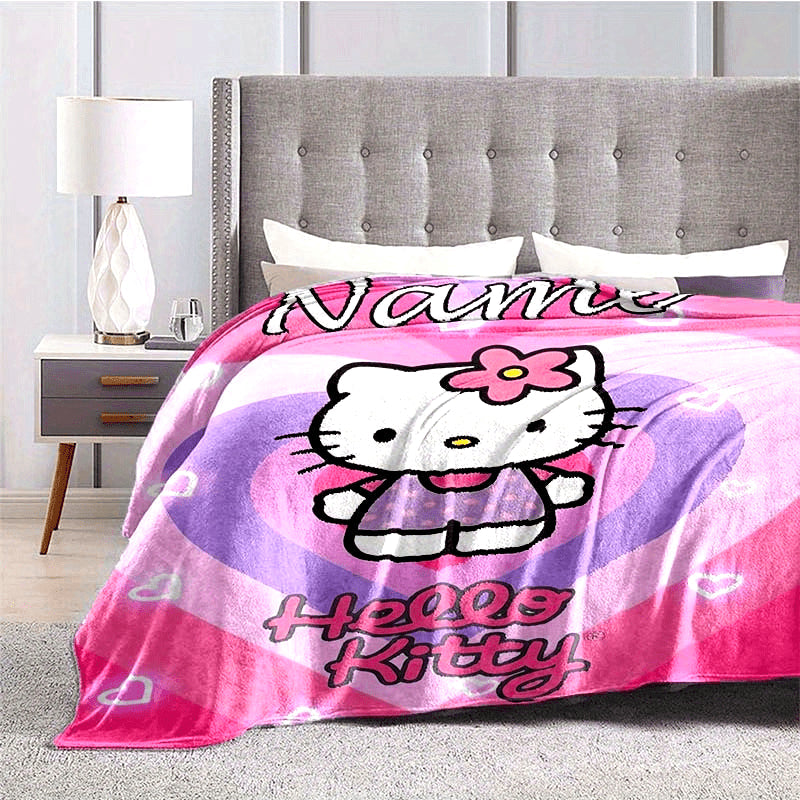 Soft and cozy all-season Hello Kitty Pink Flannel Blanket customized with your name - perfect for sofa, bed, office or camping. Makes an ideal holiday gift for any Sanrio fan.