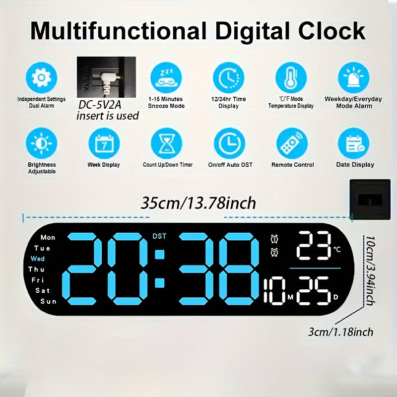 Multifunctional LED wall clock with remote control. Features dual alarm, date and week display, auto-dimmable brightness, 12/24H format, and USB powered. Includes night light and ideal for