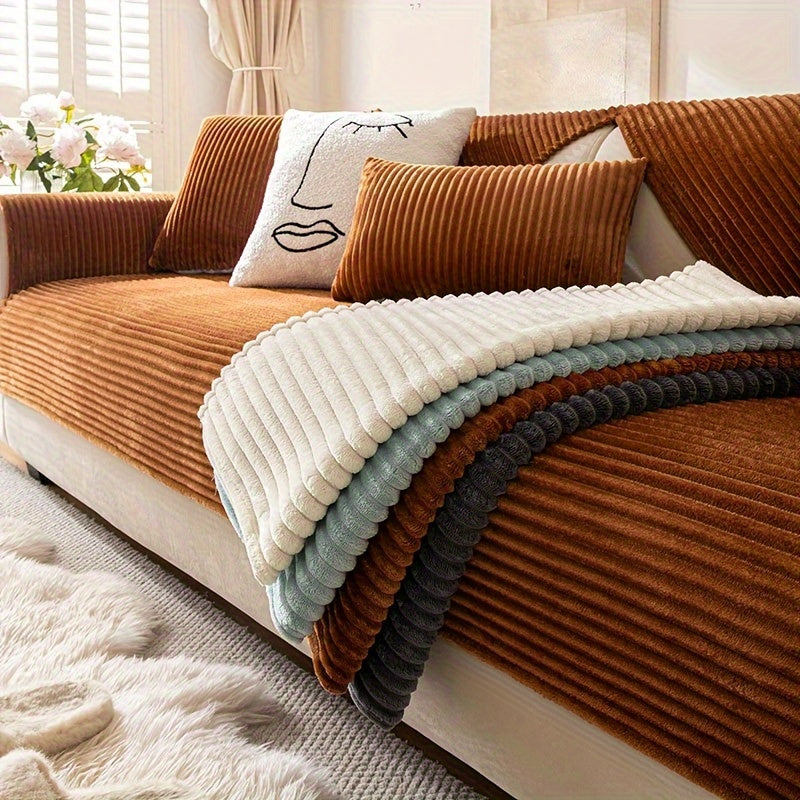 Thick plush sofa cover with stripes for winter, non-slip and anti-dirty. Modern style for home protection and decoration.