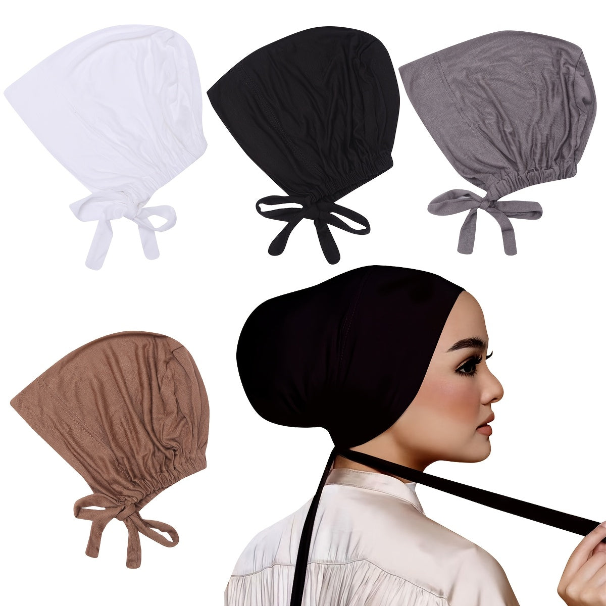 Adjustable Modal Undercap Set includes 4pcs of breathable, stretchy lace-up inner hijab caps for women in solid colors.