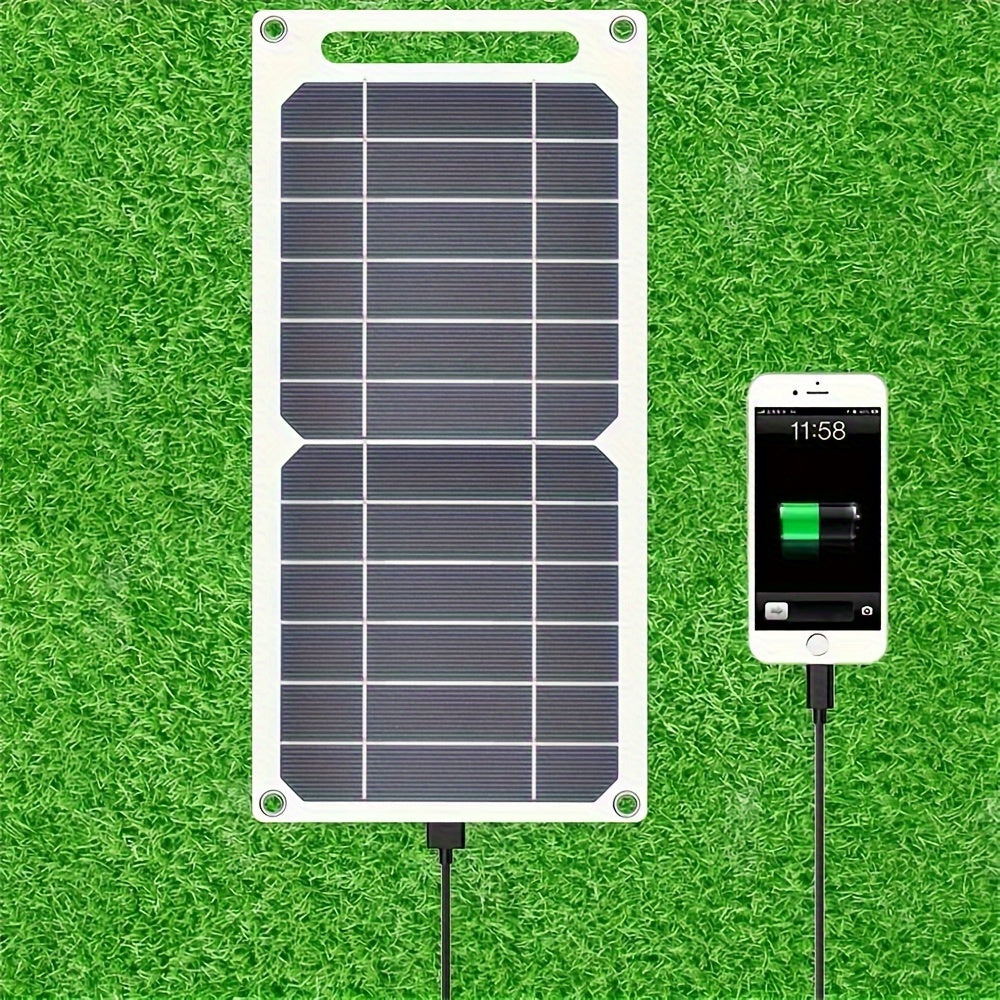 Compact dual USB solar charger, perfect for camping and home use.