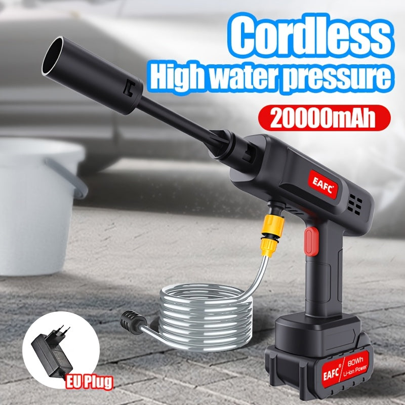 Portable cordless high pressure washer for cars, floors, and fences with accessories.