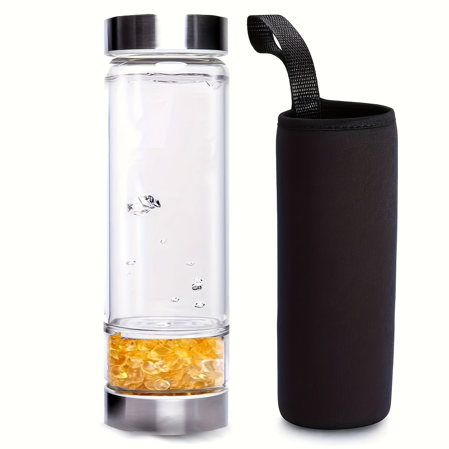 Water bottle with glass construction, removable amethyst, and protective cover included.