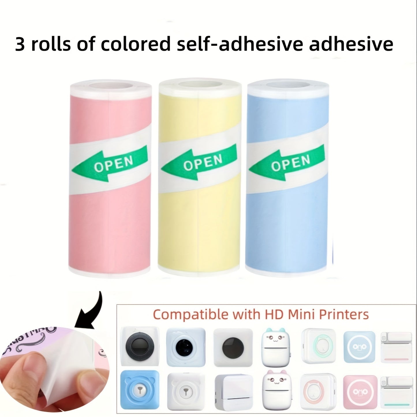 Colorful adhesive stickers in rolls, 57*25mm, suitable for mini printers/Polaroid cameras, ideal for inkless printers, study notes, work, photos, and memos. Glossy finish, compostable