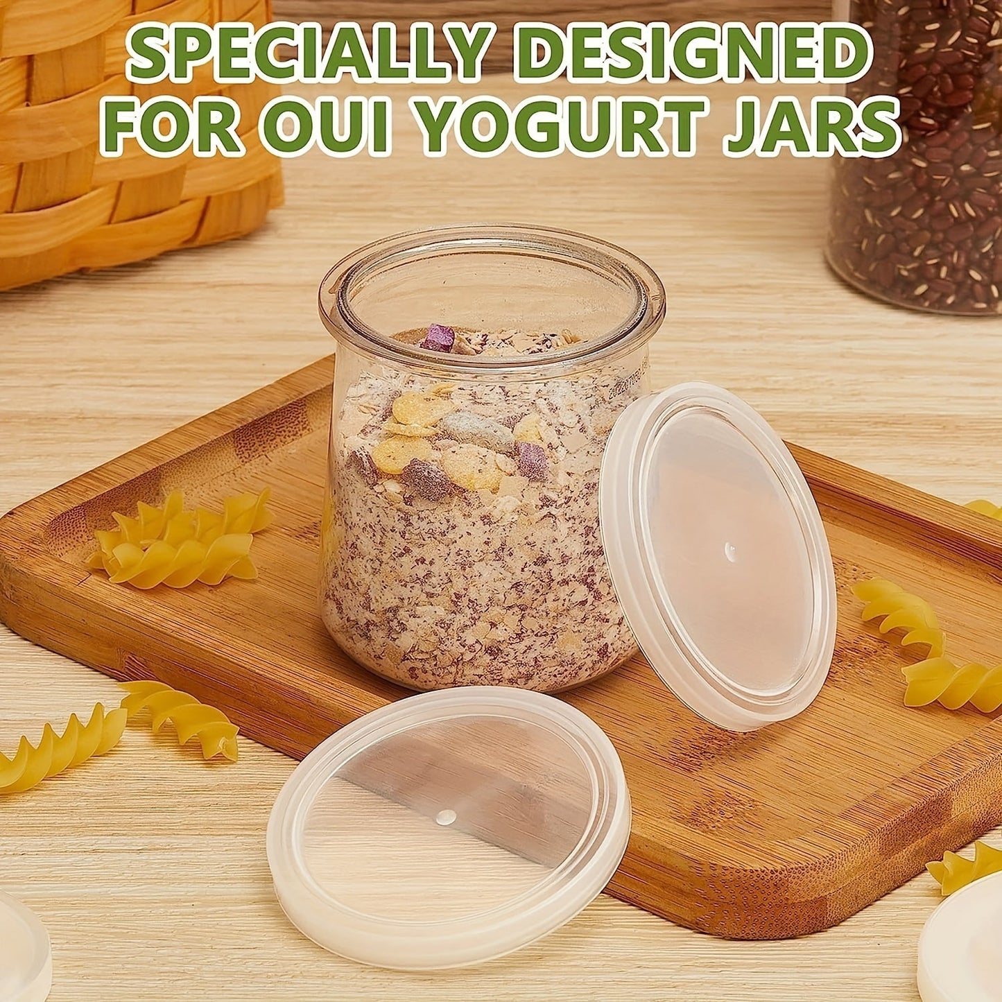 Set of Oui Yogurt Jar Lids - Available in 15, 25, 40, or 60 Pieces with Labels, Reusable Glass Covers for Oui Jars and Bottles, Safe for Food Storage in the Kitchen