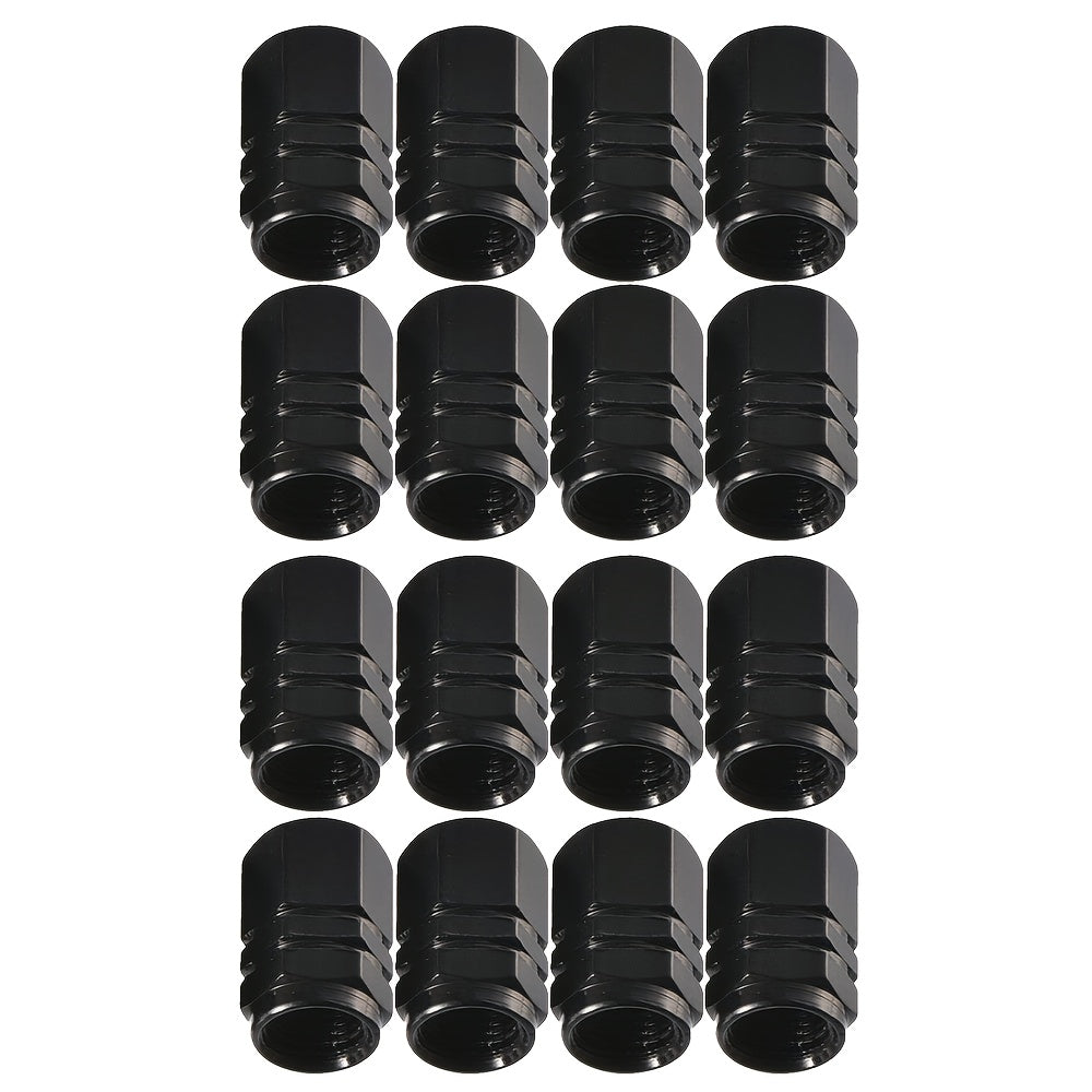 Durable and weather-resistant black aluminum alloy hexagon tire valve stem caps for various vehicle models provide sleek vehicle customization.