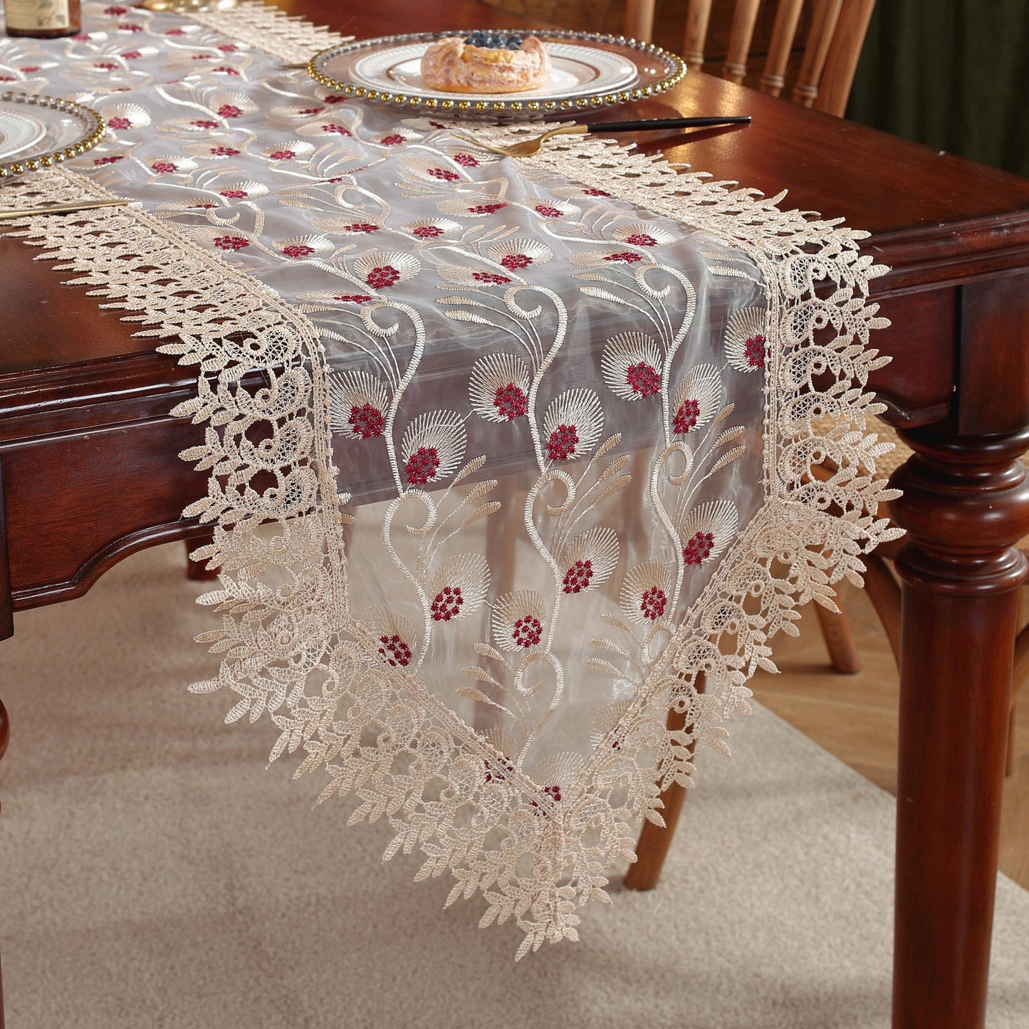 Polyester embroidered table runner for holiday and wedding decor.