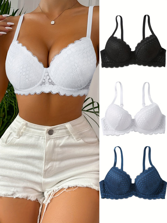 3 ta Elegant Dantelli Push-Up Brassiylar to'plami, Ayollar uchun Oq, Qora va Ko'k ranglarda. Jozibador, Qulay va Havo O'tkazuvchi, O'chirilmaydigan Yostiqlar bilan. Jozibador va Silliq Ichki Kiymish Ko'rinishi uchun Mukammal.