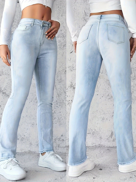 Women's Stretch High-Waisted Straight-Leg Jeans - Light Blue Distressed Denim with Functional Pockets, Half-Button Placket & Invisible Zipper, Versatile Streetwear Style