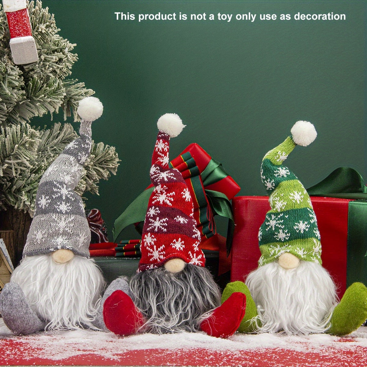 Christmas scene with an old man sitting in a snowflake hat and mustache, surrounded by props and decorations on Christmas Eve.