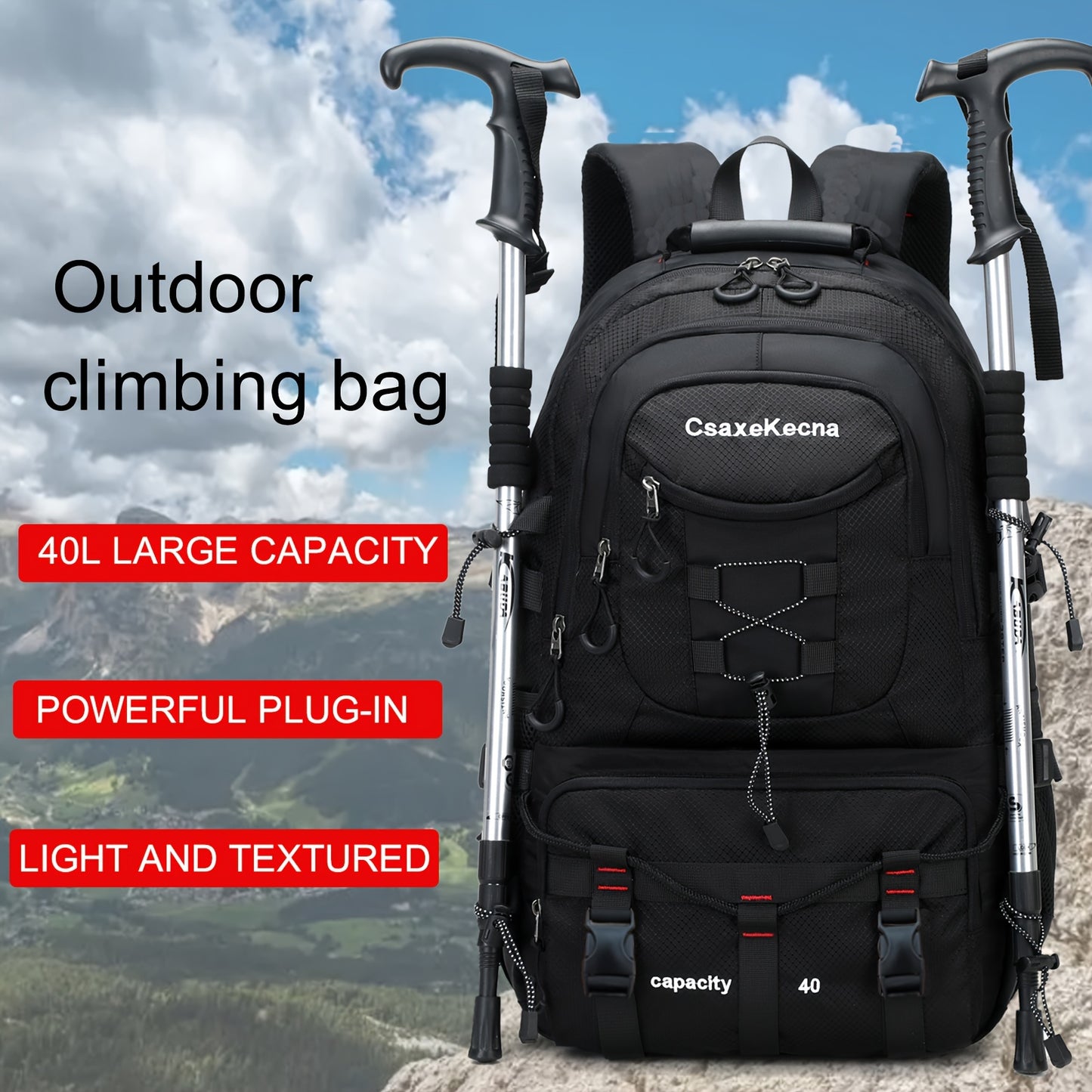 Durable polyester backpack with USB charging port, fits 17-inch laptop, ideal for hiking, camping, and travel.