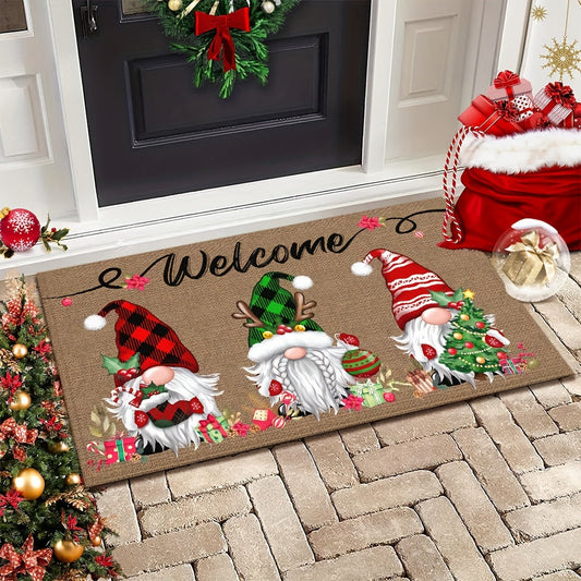 Celebrate the Holidays with This Festive Christmas Gnome Welcome Doormat! Made from Durable 100% Polyester, this 6mm Thick Mat Features Three Adorable Gnomes with Seasonal Charms. The Non-Slip Rubber Backing Keeps it Securely in Place, and it's Machine