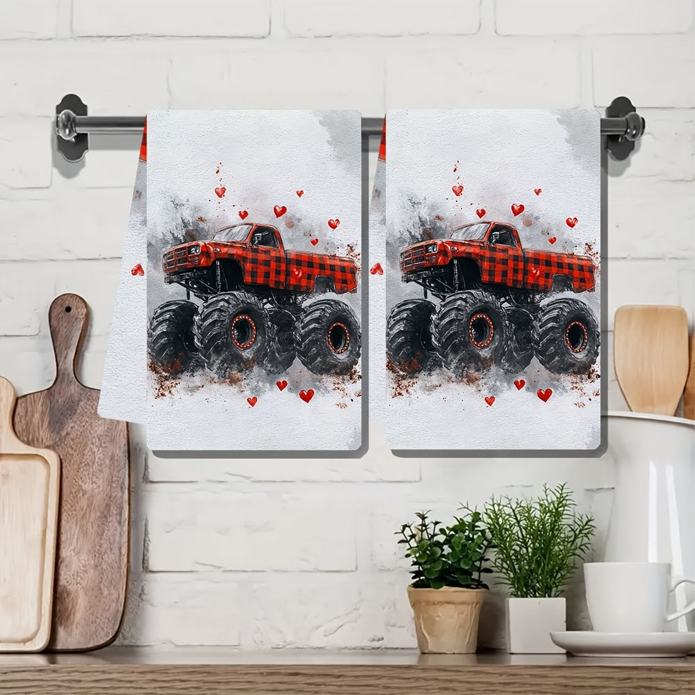 Get your hands on a pair of plush kitchen towels showcasing a Valentine's Day monster truck design in festive red plaid with adorable heart accents. These ultra-soft towels are great for drying dishes and hands, and make a charming addition to your