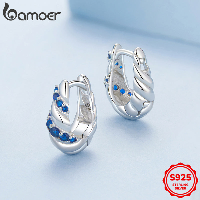 925 Sterling Silver Hoop Earrings - Blue Twisted Design with Synthetic Zirconia, Ideal for Music Festival, Party, or Everyday Wear - Luxury Pair for Allergy-Free Sparkle