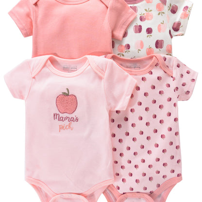 4-piece set of newborn short sleeve one-piece suits with alphabet print and embroidery. Suitable for babies aged 0-9 months.