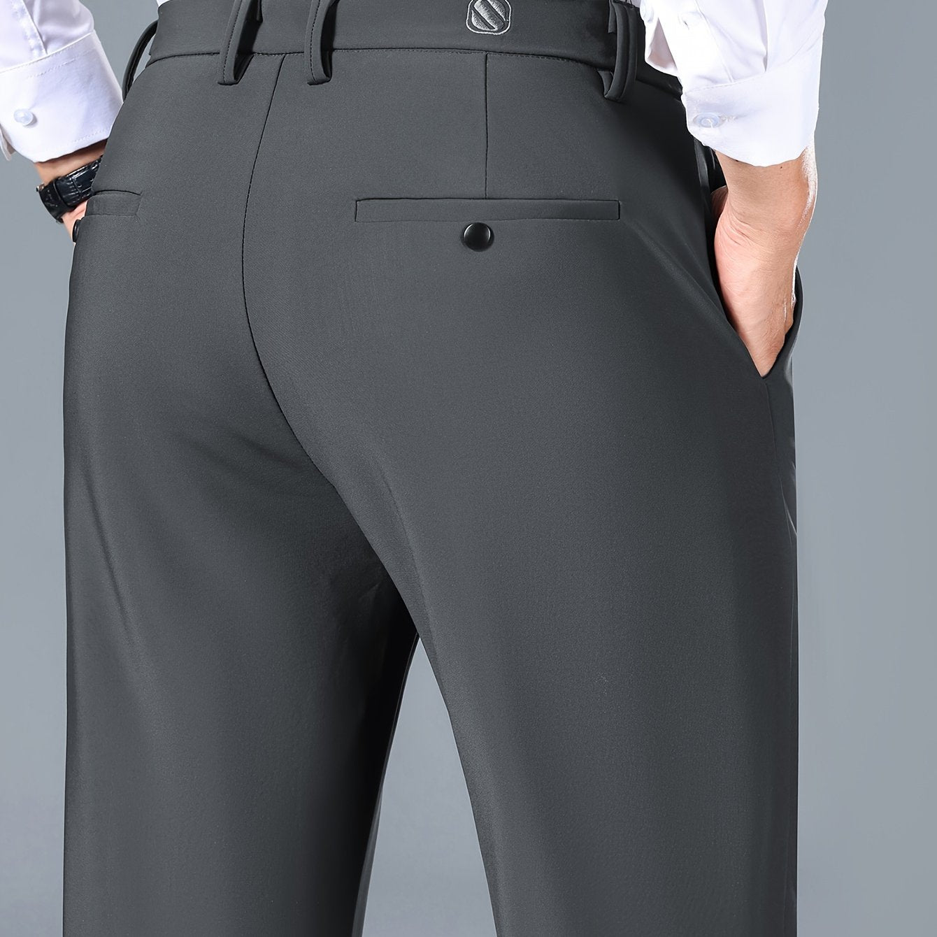 Slim fit stretchy men's pants suitable for both business and casual wear.