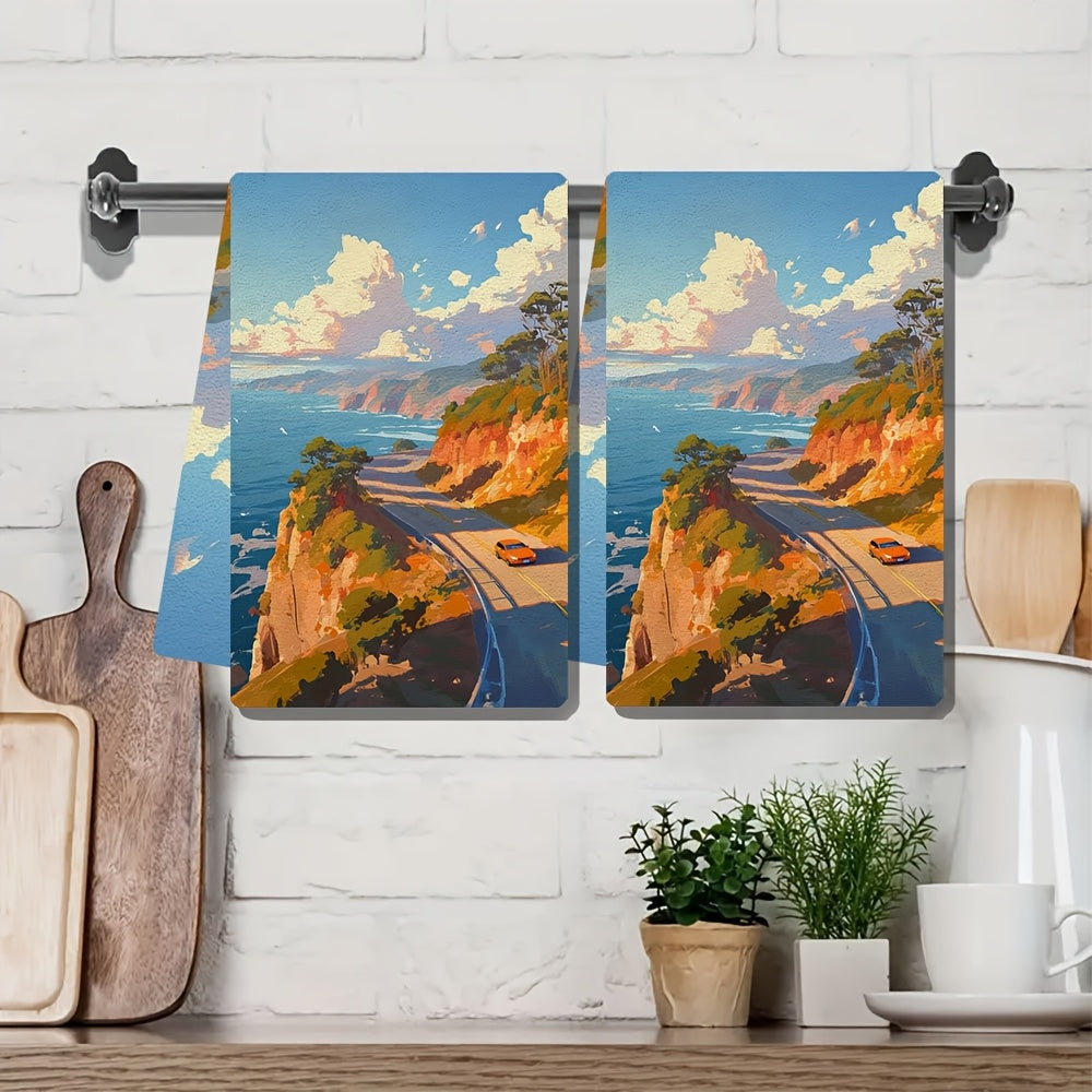 2 pieces of luxurious kitchen towels, perfect for a scenic drive along the coast. These ultra soft and highly absorbent dish hand towels are ideal for holiday decor. Easily machine washable and measuring 16x24 inches each. Item number: 2KYSMF1214220