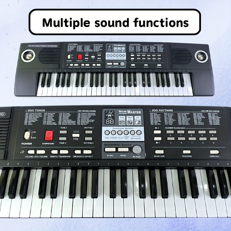 Children's electronic keyboard with microphone, 200 tones & rhythms, 50 demo songs, 5 drum/animal sounds, recording & playback, dual speakers, USB cable, battery/USB powered, educational