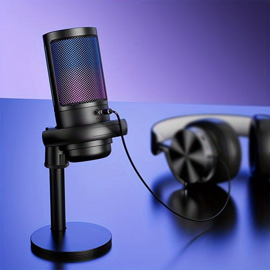 Professional USB condenser microphone with RGB lighting suitable for gaming, streaming, recording, and karaoke on PC, Mac, and various gaming consoles and phones.