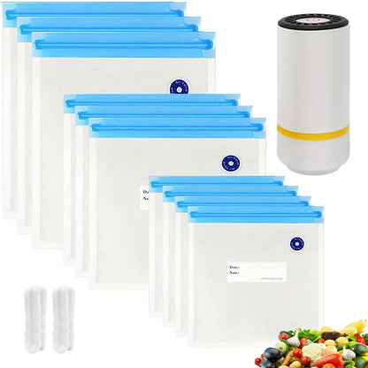 The set includes three sizes of food vacuum storage bags (4 pieces of 21.59 cm x 20.32 cm, 3 pieces of 27.94 cm x 25.4 cm, and 3 pieces of 34.29 cm x 25.4 cm) along with a handheld electric vacuum machine. Additionally, there are vacuum-sealed zipper