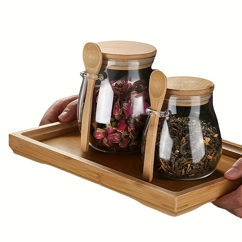 2-piece set: Glass storage containers with spoon included - Great for storing coffee, sugar, tea, salt, candy, and spices | Convenient kitchen organizer for home, restaurant, or food truck.