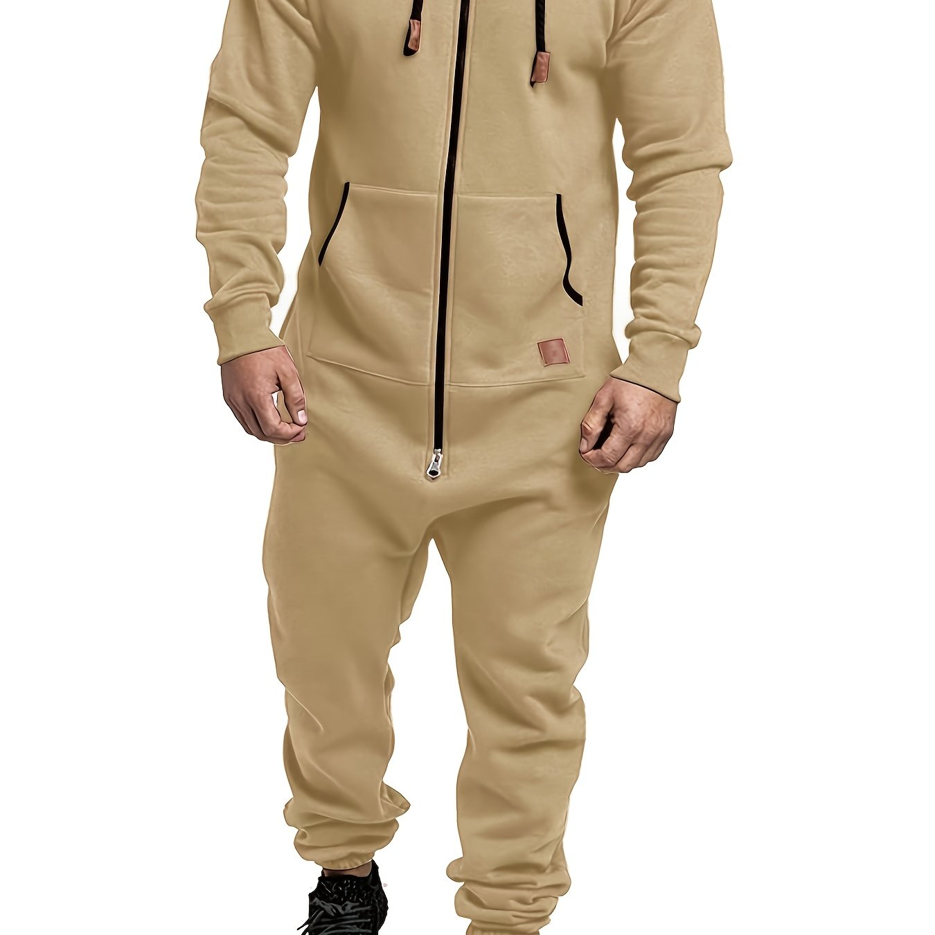 Men's beige polyester jumpsuit with hood, long sleeves, zip-up front, and pockets, suitable for machine washing in autumn and winter.